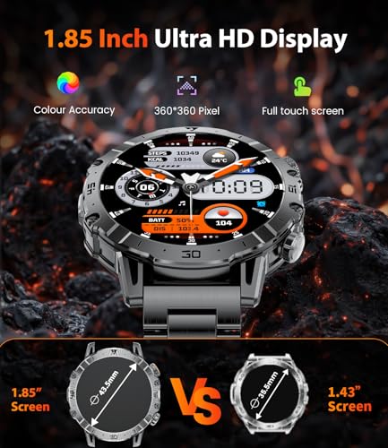 HIRREO EF18 Military Smart Watch for Men, 1.85″ HD Smartwatch with 1000 mAh Large Battery, LED Flashlight/100+ Sport Modes...