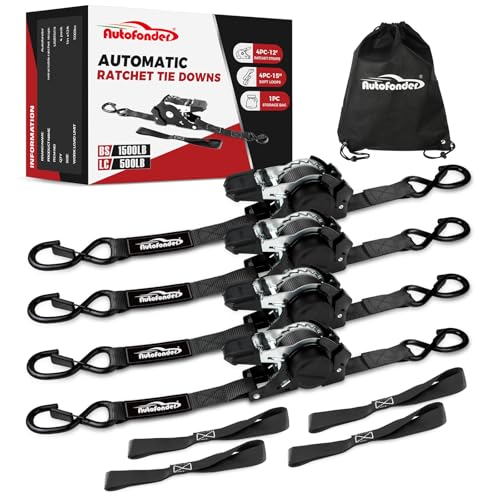Autofonder Retractable Ratchet Straps with Soft Loops (4 Pack)-(1,500lb Break Strength)-1 Inch x 12 Feet Heavy Duty Auto S...