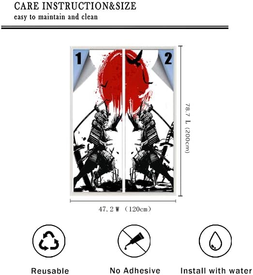 Japanese Samurai Stained Glass Film Watercolor Ink Samurai Sword Red Sun Printwindow Tinting Film for Home,Window Film Stained Glass 23.6Wx78.7L-Inch X2Pcs