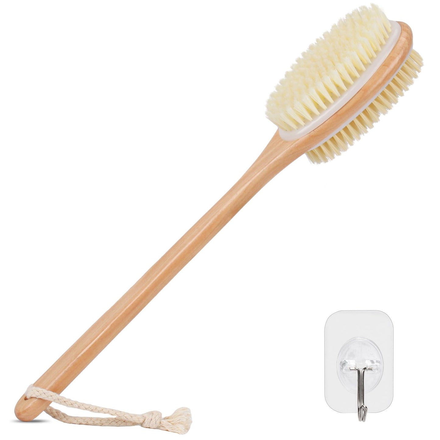 Alyvisun Wooden Back Scrubber for Shower with Long Handle, Dual-Sided Bath Brush Body Scrubber with Stiff and Soft Bristles, Exf