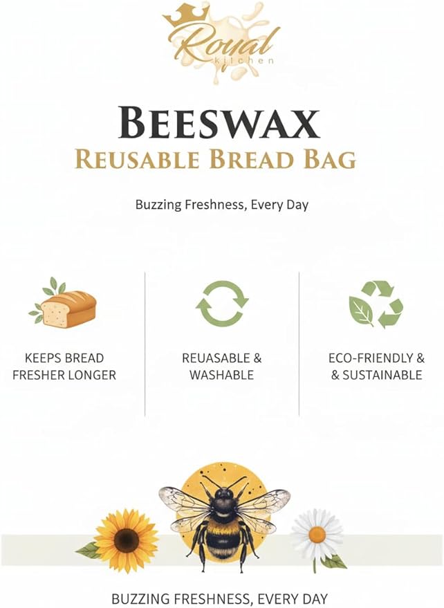 Reusable Beeswax Breads Bag | 2 Pack Organic Sourdough bread bags for homemade bread | Fridge and Freezer friendly Beeswax Lined cotton bag to keep your bread fresh and preserved | 2 XL bread Bags