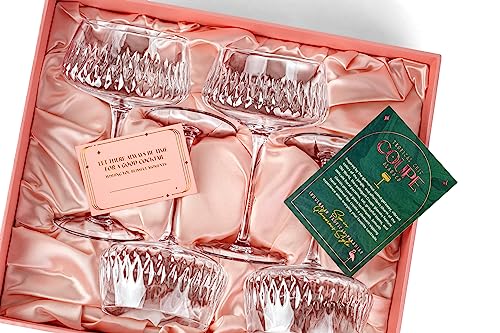 Vintage Flamingo Belle Coupe Glasses for Cocktails and Champagne | Set of 4 | 12 oz Crystal Retro Style Stemmed Saucers fo...