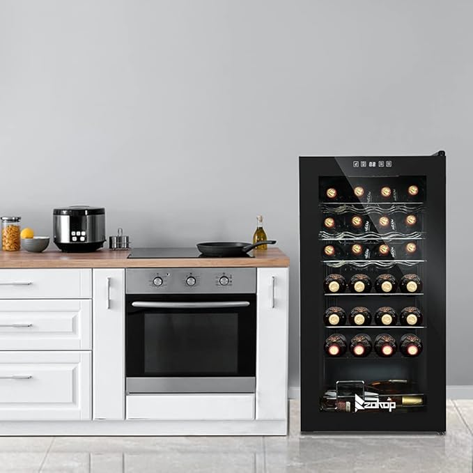 Winado 28 Bottle Wine Cooler Refrigerator, Freestanding Compressor Wine Chiller w/Adjustable Temperature, Compact Mini Wine Fridge with Digital Control & Removable Shelves & Double-layer Glass Door