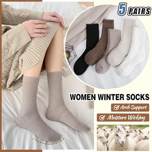 EBMORE 5 Pairs Women Merino Wool Boot Socks Warm Thermal Winter Thick Hiking Cozy Cabin Crew Comfy Socks for Ladies