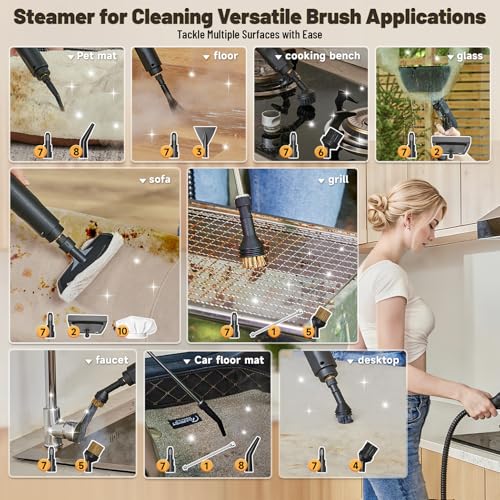 Gautye Steam Cleaner, 3-Level Adjustable Handle, 15s Heat-Up, 1.69 Quarts Tank, Portable Steamer for Cleaning with 15 pcs ...