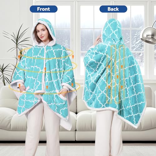 Sealy Wearable Heated Throw Blanket, Flannel & Sherpa Electric Throw Shawl Poncho with Hoodie & Pocket, 6 Heating Levels &...