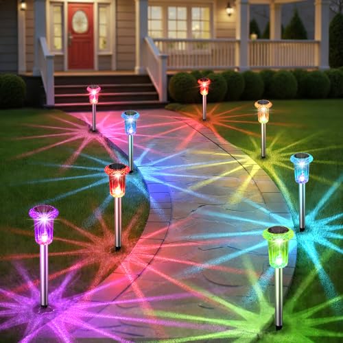 Eyrosa Solar Outdoor Lights, 10 Pack Solar Pathway Lights Outdoor Waterproof, Stainless Steel Stake Lighting for Garden Ya...