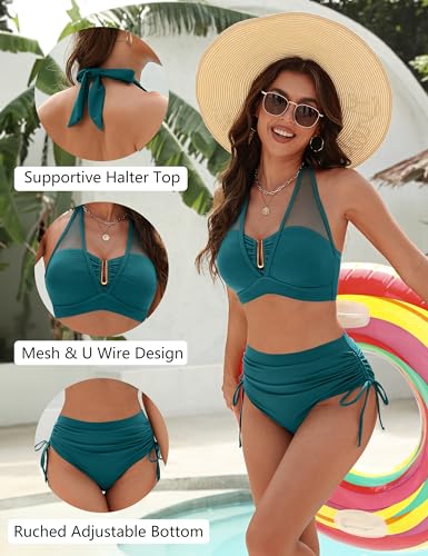 BMJL Womens High Waisted Bikini Sets Slimming Tummy Control Swimsuits Mesh Halter Bathing Suit