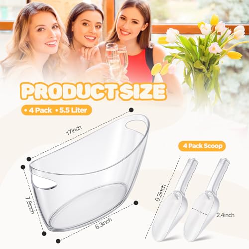 Funnymoom 4 Pcs Ice Bucket for Parties Clear Bar Supplies 5.5 Liter Acrylic Champagne Bucket with 4 Ice Scoop Wine Tub for...