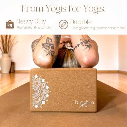 Boho Flow Cork Yoga Block 2 Pack with Strap & Bag | Premium Eco-Friendly Cork Bricks 9”x6”x3” | Heavy-Duty, Non-Slip & Dur...