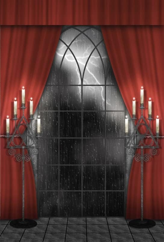 Renaiss 10x12ft Vintage Gothic Window Backdrop Red Curtain Candlestick Black Floor Lightning Stormy Sky Vampire Medieval Castle Photography Background Halloween Dress Up Party Decors Photo Booth Props
