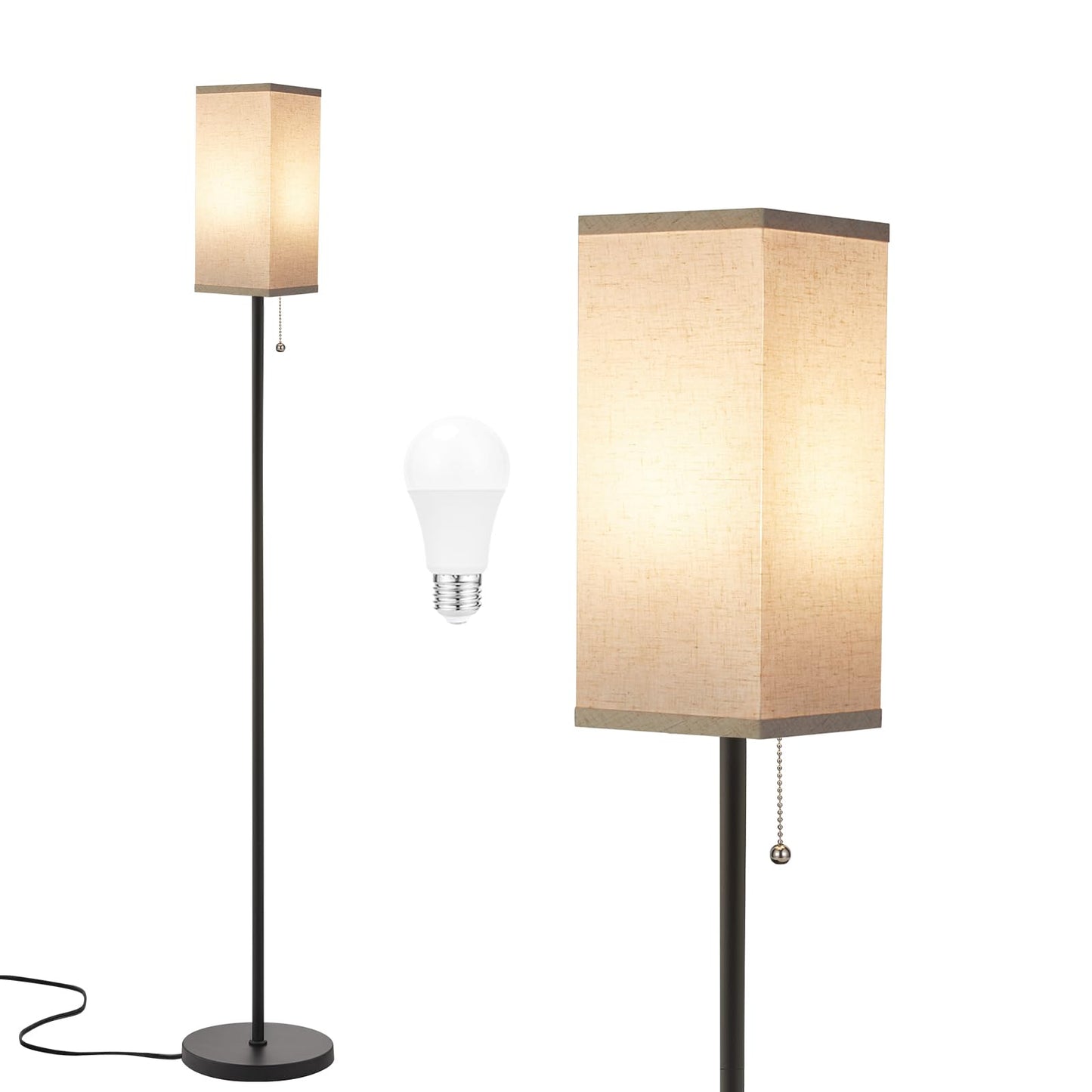 Ambimall Floor Lamp with Pull Chain Switch, 64in Metal Standing Lamp, Beige Square Shade & Black Pole, Model RPT-ZGB122
