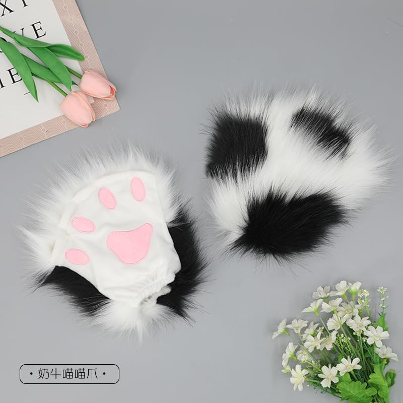 Obenie Halloween Cat Paw Gloves Therian Paws Therian Gear Furry Paws Cosplay Fluffy Mittens (white 1)