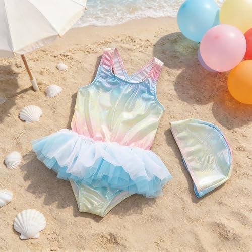 Girls One-Piece Rainbow Swimsuits Toddler Kids Mermaid Fishscale Bathing Suits Outdoors Jumpsuit Swimwear with Cap