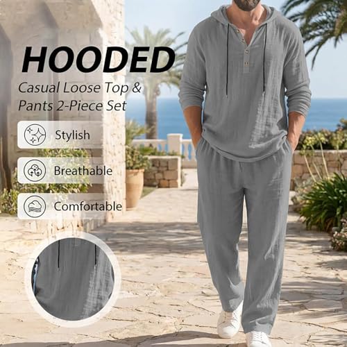 Men's Hooded Casual Loose Top & Pants 2-Piece Set Linen Suit Long Sleeve Hoodie and Sweatpants Summer Outfits Beach Sets