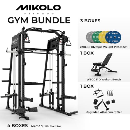 Mikolo Smith Machine, 2200lbs Squat Rack with LAT-Pull Down System & Cable Crossover Machine, Training Equipment with Leg ...