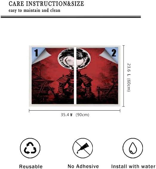 Japanese Samurai Window Film Abstract Vintage Samurai Blossom Dragon Full Moonstained Glass Window Film,Playroom Window Film,Nursery Window Film 17.7Wx23.6L-Inch X2Pcs