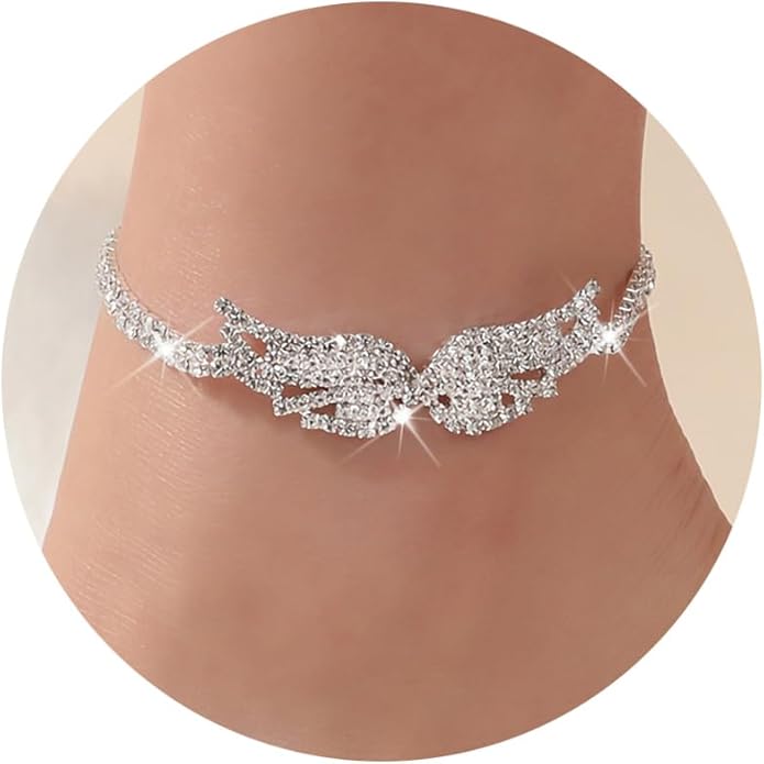 Silver Ankle Bracelets for Women, Adjustable Rhinestone Pendant Tennis Anklet, Butterfly Heart Infinite Diamond Summer Bea...