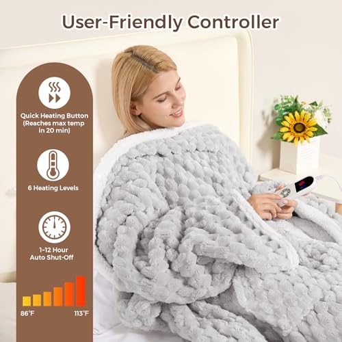 Electric Blanket Heated Throw, Soft Flannel & Sherpa Wearable Heated Blanket with Sleeves, Heating Wearable Blanket with 6...