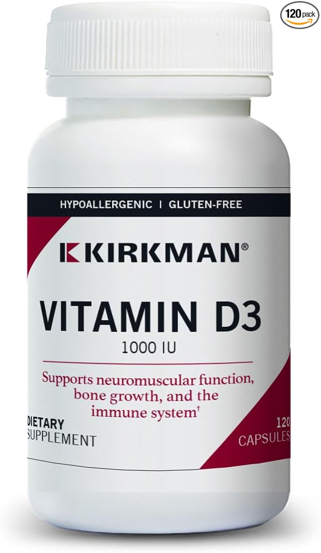 Kirkman - Vitamin D3 1000 IU - 120 Capsules - Supports Immune Health - Helps Build Strong Bones - Hypoallergenic