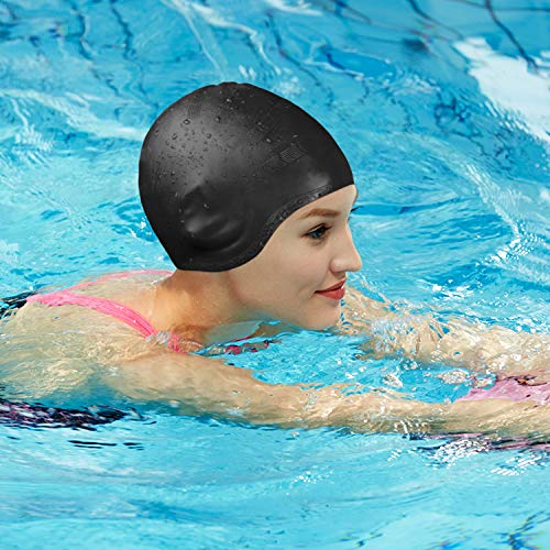 Silicone 3D Ear Protection Swim Cap - Latex-Free Non-Slip Waterproof for Long Hair/Thin Braids, Chlorine Resistant Tear-Re...