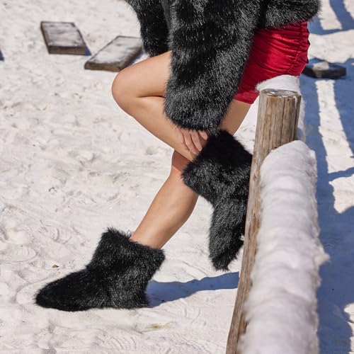 QLR Faux Fur Boots for Women Furry Fuzzy Fluffy Boots Round Toe Mid-Calf Winter Snow Boots Comfortable Outdoor Flat Shoes