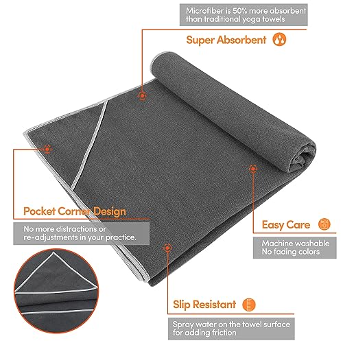 IUGA Yoga Towel for Hot Yoga Non Slip Extra Thick Yoga Mat Towel + Hand Towel 2in1 Set with Corner Pockets Super Absorbent...