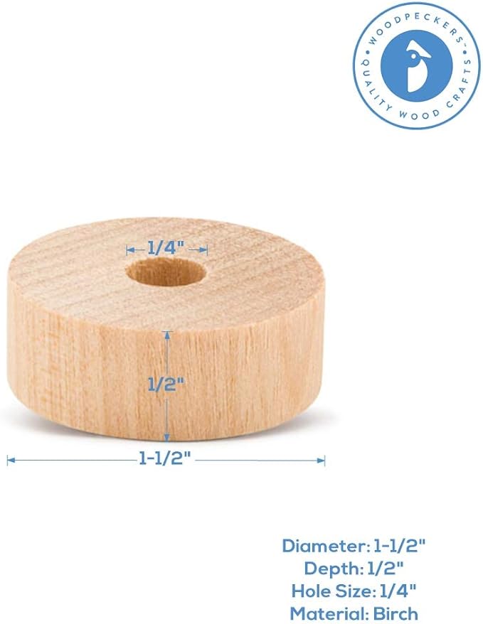 1-1/2-inch Diameter Slab Wooden Wheels Craft, 1/4-inch Hole, 1/2-inch Thick, Pack of 100 Wooden Hobby Wheel for Model, by Woodpeckers