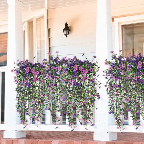 Artificial Fake Hanging Flowers Plants for Outdoor Spring Decoration,2 PCS Faux Silk Daisy with Eucalyptus Leaves,UV Resis...