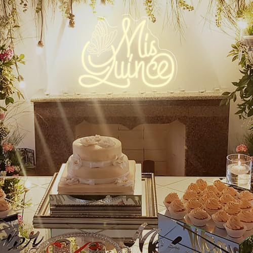 Mis Quince Neon Sign with Engraved Butterfly Design, Warm White Dimmable LED Light for Quinceañera Decorations, Sweet 15 B...