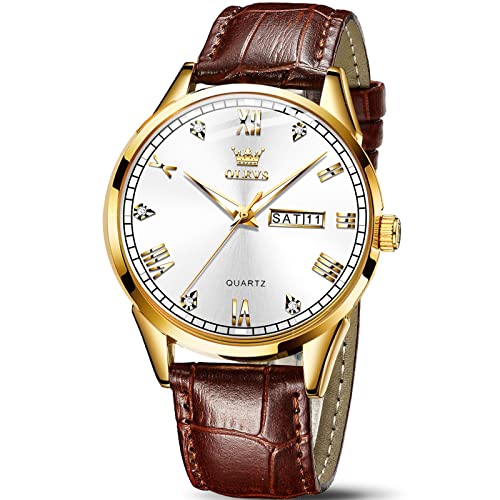 OLEVS Amazon Watches,Brown Leather Watch for Men,Men Day Date Watch,Men's Luminous Watch,Dress Watch for Men,Rose Gold Wat...