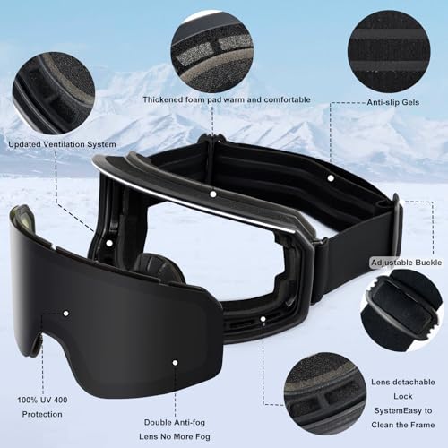 VEWOE Ski Goggles OTG for Men Women, Anti-fog UV Protection Snowboard Goggles Snow Goggles Skiing Snowmobile for Adult Youth
