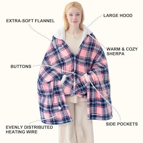PTQ Electric Blanket Wearable Heated Shawl with Hood & Pockets – 6 Heat Settings, 4H Auto-Off, Flannel & Sherpa Reversibl...