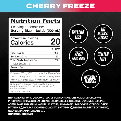 PRIME Hydration CHERRY FREEZE, Sports Drinks, Electrolyte Enhanced for Replenishing Fluids, 250mg BCAAs, B Vitamins, Antio...
