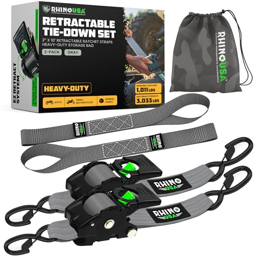 Rhino USA Retractable Ratchet Straps (2-Pack) - 2 Inch x 10 Feet (3,033lb Break Strength) - Heavy Duty Auto Self Retractin...