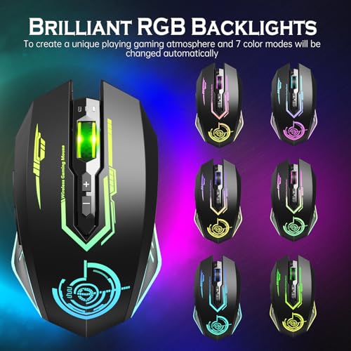 UHURU Wireless Gaming Mouse Up to 12000 DPI, Rechargeable USB-C Wireless Mouse with 7 Buttons 7 Dynamic LED Color Ergonomi...