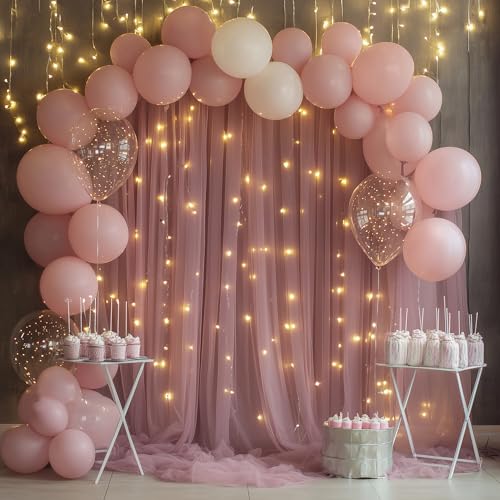 Xiomot Tulle Backdrop Curtain with Lights String 10FT X 10FT Dusty Rose Sheer Tulle Backdrop Curtains for Wedding Birthday...