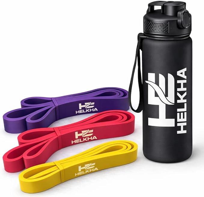 HELKHA Latex Resistance Bands Set with Water Bottle – 3 Levels (X-Light, Light, Medium) – Full Body Workout for Home & Gym