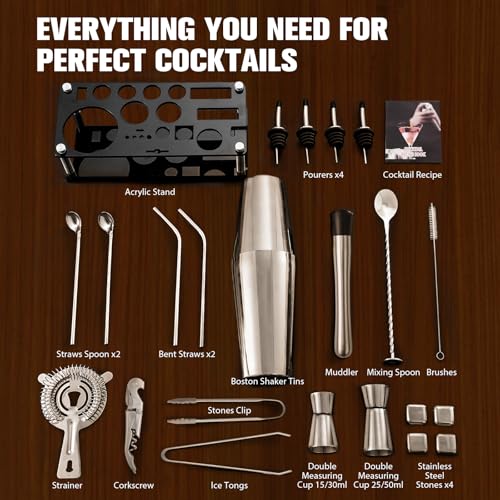Cocktail Shaker Set, 23-Piece Boston Stainless Steel Bartender Kit with Acrylic Stand & Cocktail Recipes Booklet, Professi...