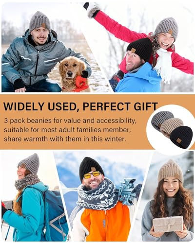 Nertpow Mens Beanie Hats 3 Pack, Winter Hats for Men Women Warm Thermal Fleece Lined, Thick Knit Fashion Skull Cap for Guys