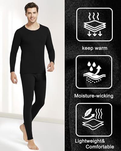 Patelai 2 Pack Thermal Underwear for Men Fleece Lined Long Underwear Winter Base Layer Set Cold Weather Top Bottom