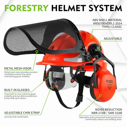 GREEN DEVIL Chainsaw Safety Protective Helmet Forestry Helmet with Build-in Visor Mesh Face Shield Ear Muffs 4 in 1 Ideal ...
