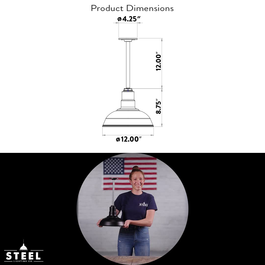 Steel Lighting Co. Barn Light Pendant | 12in Dome | Heavy Duty Alloy Steel | Matte Black