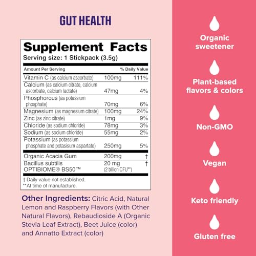 Ultima Replenisher Gut Health Supplement and Electrolytes Powder - Raspberry Lemonade, 14 Stickpacks - Hydration Packets w...