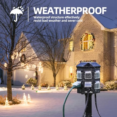 TiFFCOFiO Outdoor Power Strip Weatherproof, 25 FT Extension Cord with Stake, 6 Grounded Outlets for Christmas Yard Decorat...