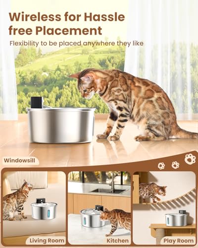 PawPoll Wireless Cat Water Fountain Stainless Steel - 3.2L/108oz Cordless Pet Water Fountain Battery Operated Cats Water D...