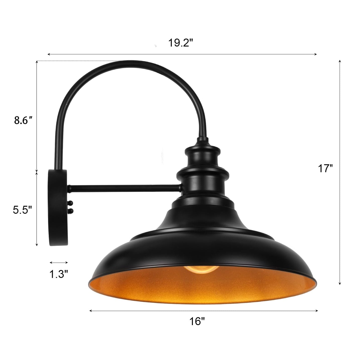 Diyel Outdoor Barn Light Fixture  16 Inch Large Dome Farmhouse Exterior Wall Mount Light  Rustic Wall Sconce Indoor Wall Lighting Fixture  Industrial Black Gold Lantern For Porch  1 Pack