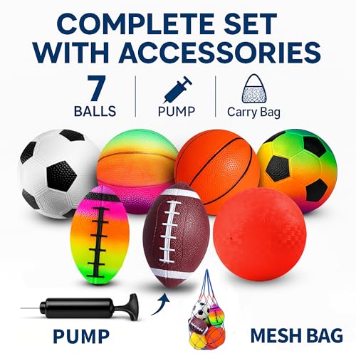 COAMZPARTY 8.5 Inch Sports Balls Set 7 Pack,Playground Balls for Kids&Adults, Includes Soccer Ball, Basketball, and Footba...