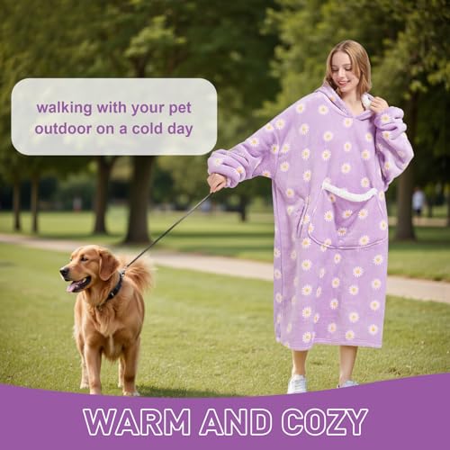 Wearable Blanket Gift for Women & Men Sherpa Flannel Blanket Hoodie Long Warm and Cozy Blanket with Giant Pocket，Daisy