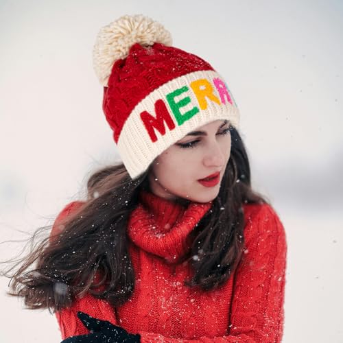 LILLBJORNEN Christmas Merry Beanie for Women Winter Crochet Hat Chunky Cable Knit Pompom Santa Hat